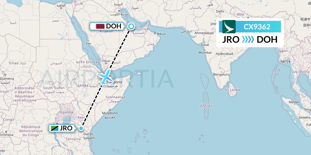 CX9362 Cathay Pacific Flight Map: Kilimanjaro to Doha