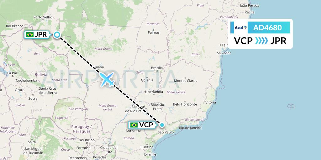 AD4680 Azul Brazilian Airlines Flight Map: Campinas to Ji-Parana