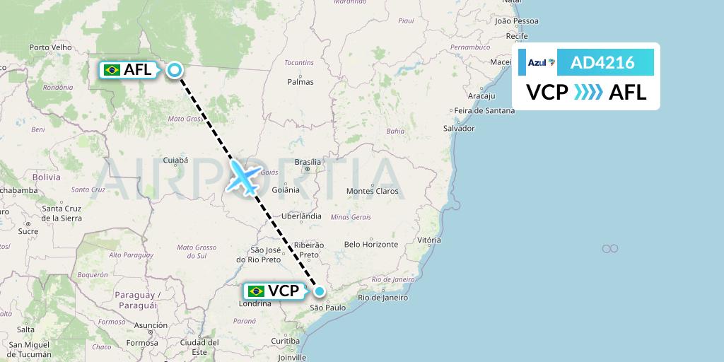 AD4216 Azul Brazilian Airlines Flight Map: Campinas to Alta Floresta