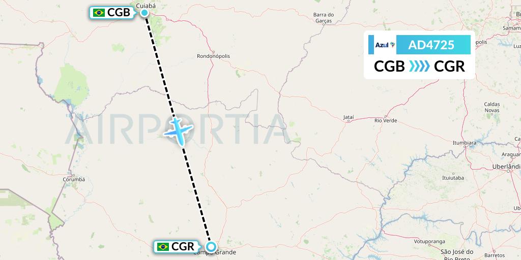 AD4725 Azul Brazilian Airlines Flight Map: Cuiaba to Campo Grande