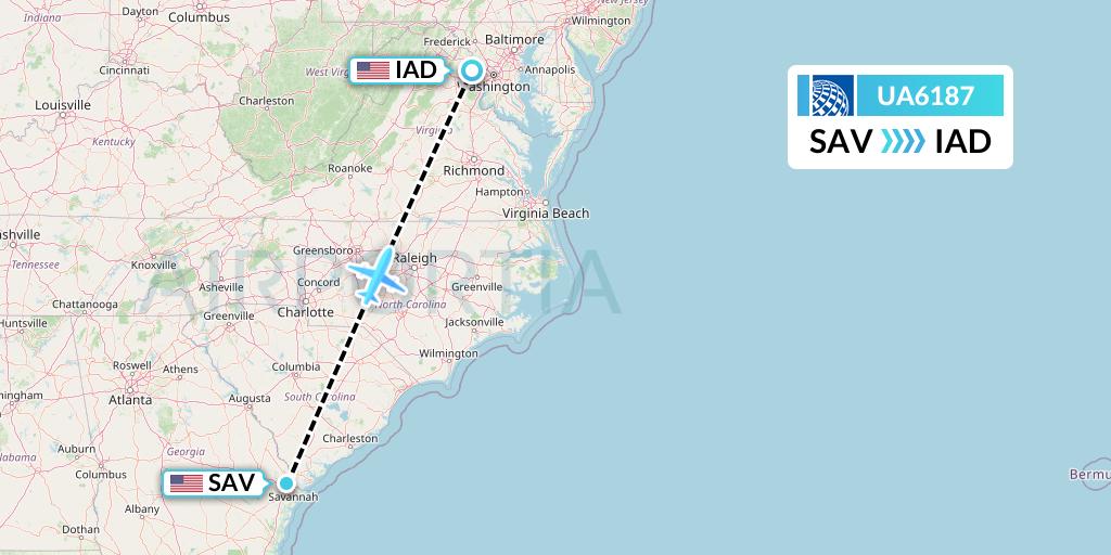 UA6187 United Airlines Flight Map: Savannah to Washington