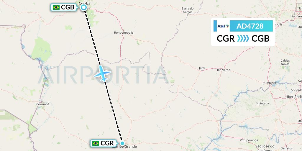 AD4728 Azul Brazilian Airlines Flight Map: Campo Grande to Cuiaba