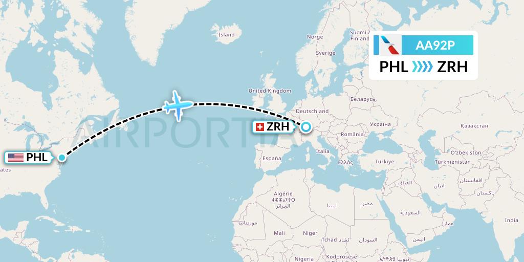 AA92P American Airlines Flight Map: Philadelphia to Zurich