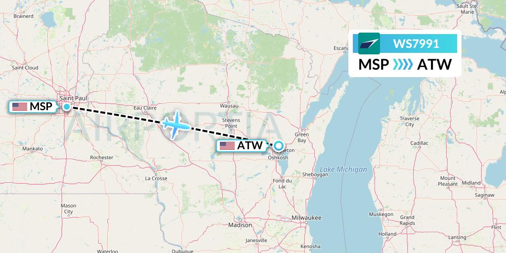 WS7991 WestJet Flight Map: Minneapolis to Appleton