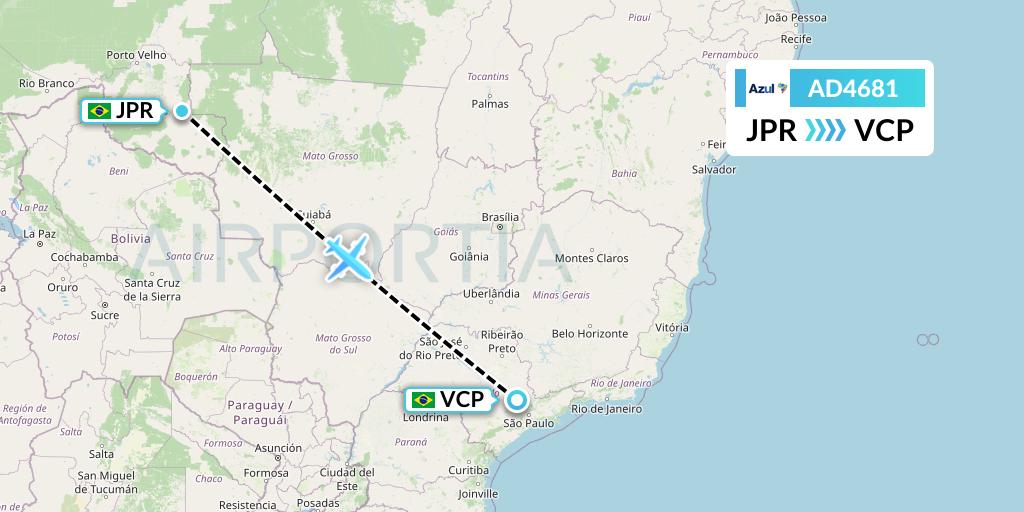 AD4681 Azul Brazilian Airlines Flight Map: Ji-Parana to Campinas
