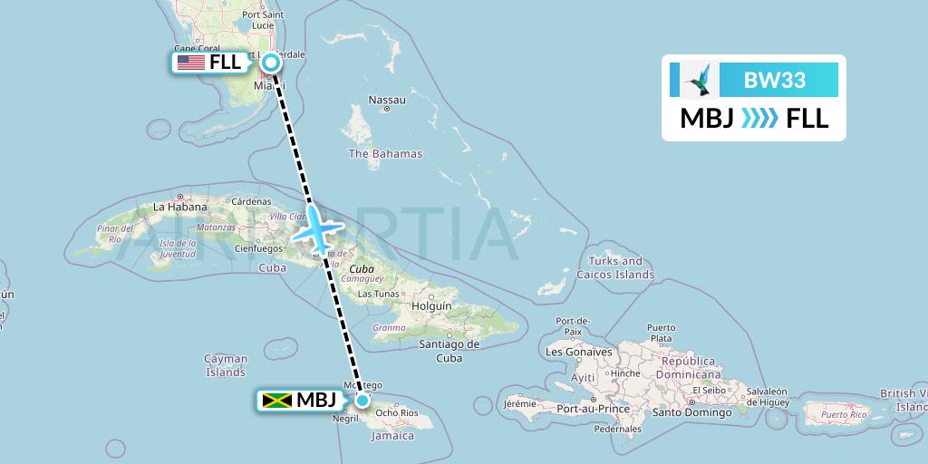 BW33 Caribbean Airlines Flight Map: Montego Bay to Fort Lauderdale