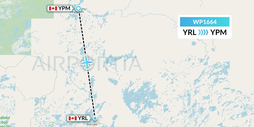 WP1664 Wasaya Airways Lp Flight Map: Red Lake to Pikangikum