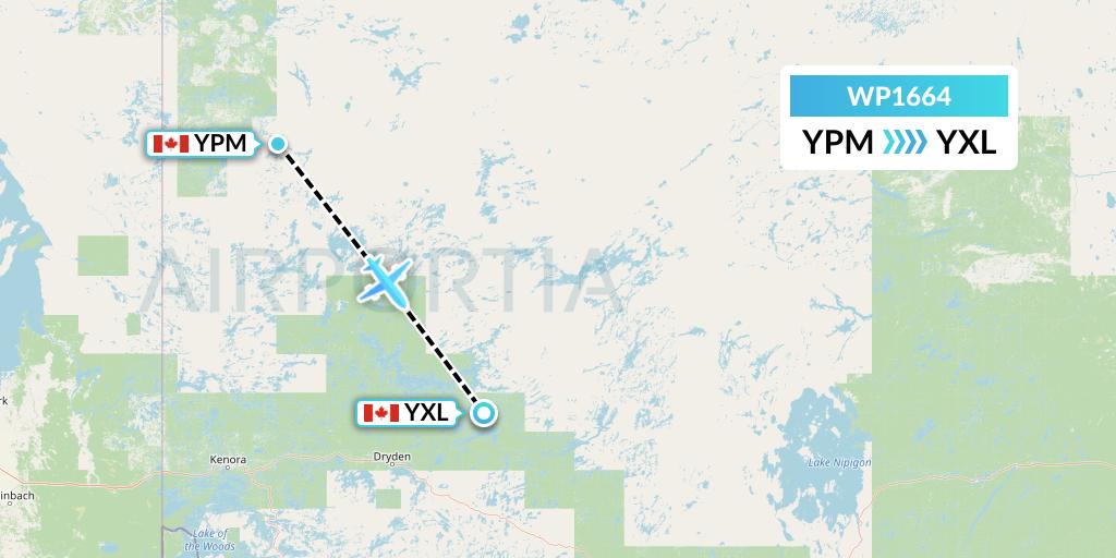 WP1664 Wasaya Airways Lp Flight Map: Pikangikum to Sioux Lookout
