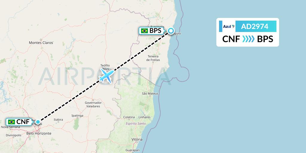 AD2974 Azul Brazilian Airlines Flight Map: Belo Horizonte to Porto Seguro