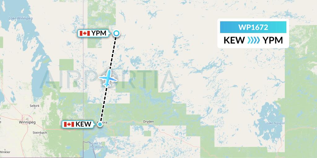 WP1672 Wasaya Airways Lp Flight Map: Keewaywin to Pikangikum