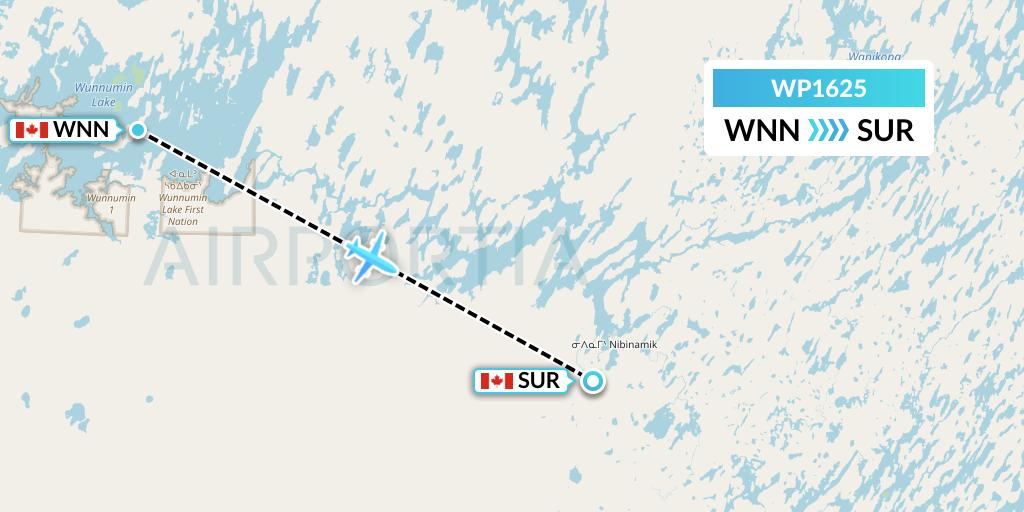 WP1625 Wasaya Airways Lp Flight Map: Wunnummin Lake to Summer Beaver