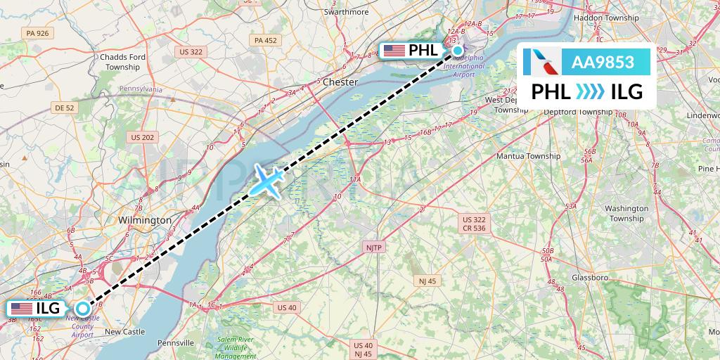 AA9853 American Airlines Flight Map: Philadelphia to Wilmington