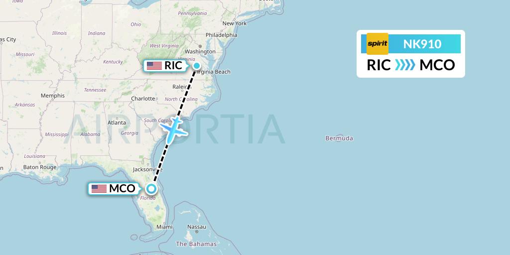 NK910 Spirit Airlines Flight Map: Richmond to Orlando