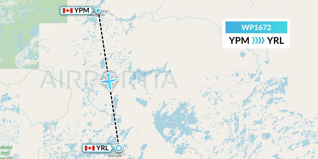 WP1672 Wasaya Airways Lp Flight Map: Pikangikum to Red Lake