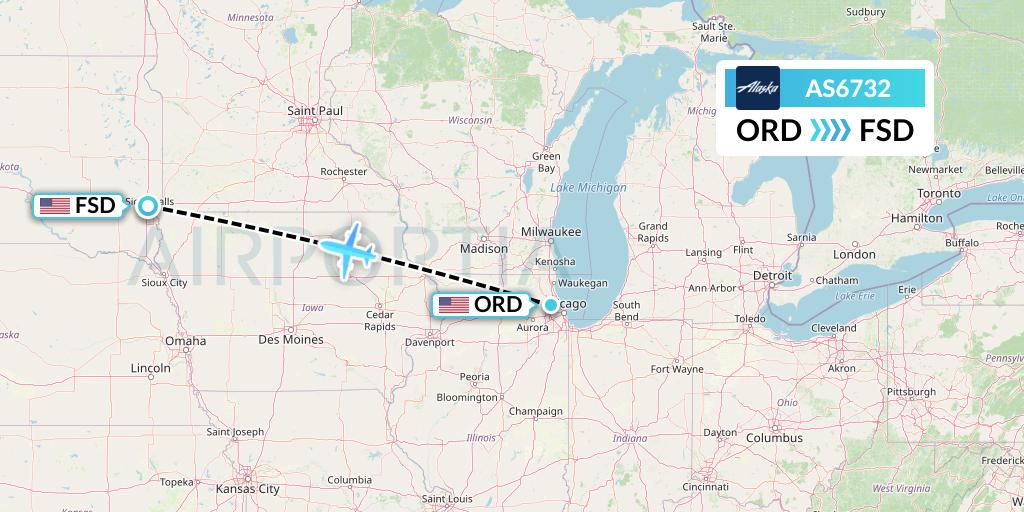 AS6732 Alaska Airlines Flight Map: Chicago to Sioux Falls
