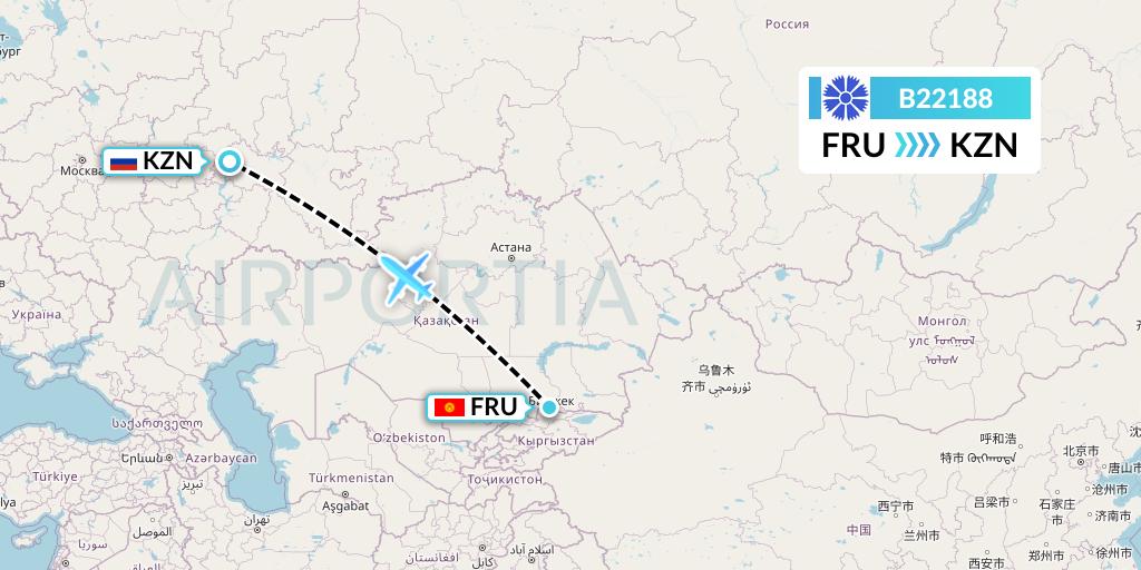 B22188 Belavia Flight Map: Bishkek to Kazan