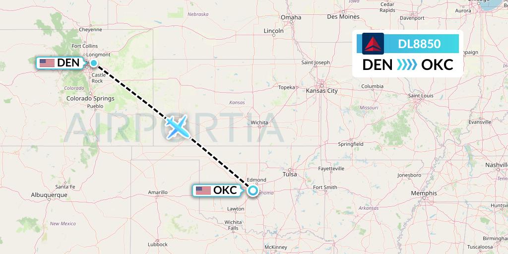 DL8850 Delta Air Lines Flight Map: Denver to Oklahoma City
