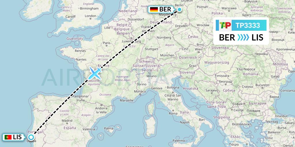 TP3333 TAP Portugal Flight Map: Berlin to Lisbon