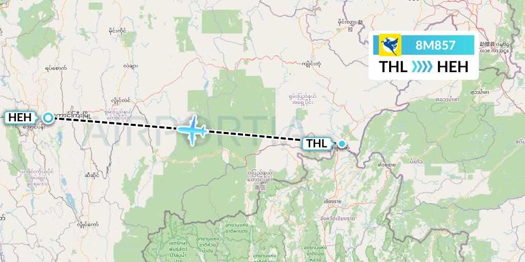 8M857 Myanmar Airways International Flight Map: Tachilek to Heho