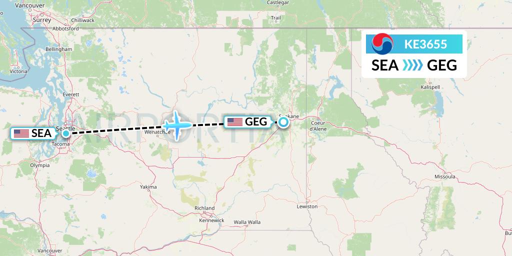 KE3655 Korean Air Flight Map: Seattle to Spokane