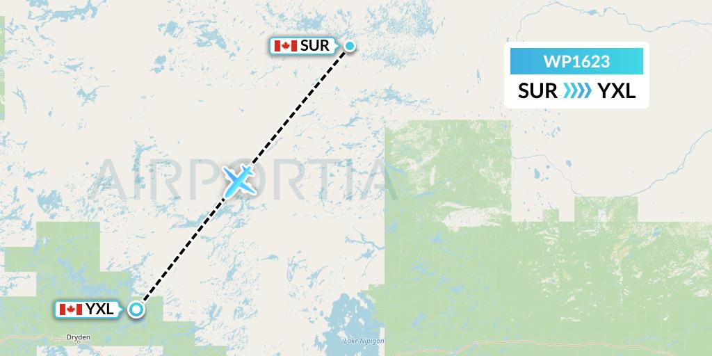 WP1623 Wasaya Airways Lp Flight Map: Summer Beaver to Sioux Lookout