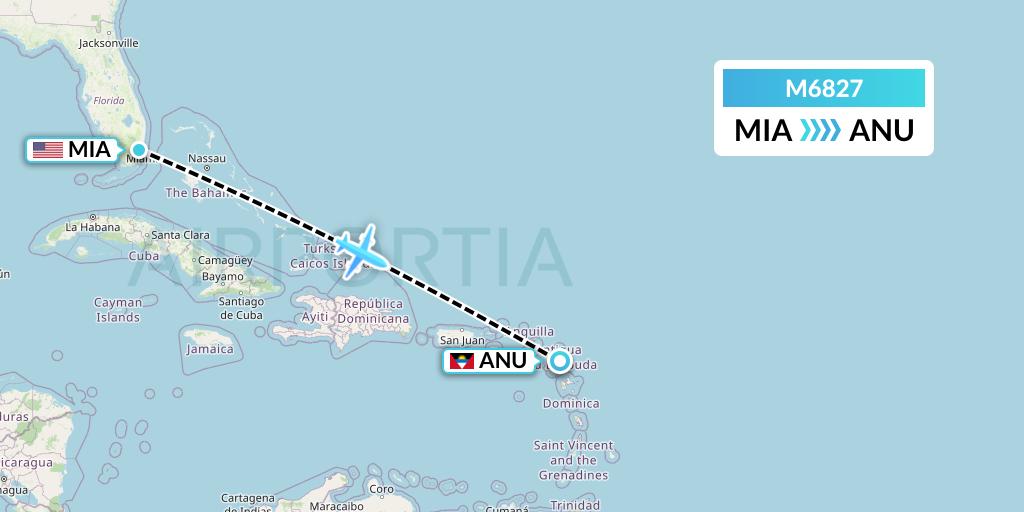 M6827 Amerijet International Flight Map: Miami to Antigua