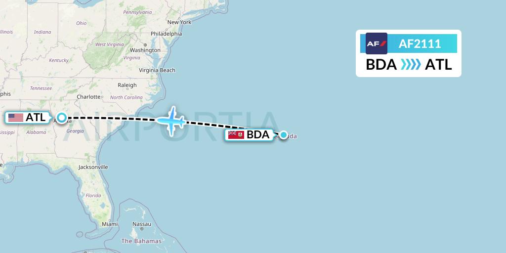 AF2111 Air France Flight Map: Bermuda to Atlanta