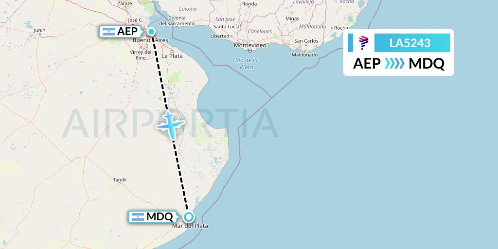 LA5243 LAN Airlines Flight Map: Buenos Aires to Mar del Plata