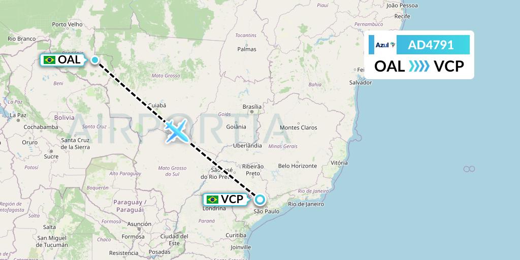 AD4791 Azul Brazilian Airlines Flight Map: Cacoal to Campinas