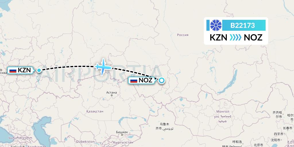 B22173 Belavia Flight Map: Kazan to Novokuznetsk