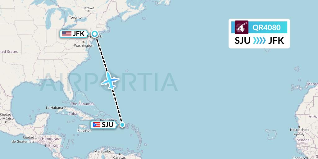 QR4080 Qatar Airways Flight Map: San Juan to New York