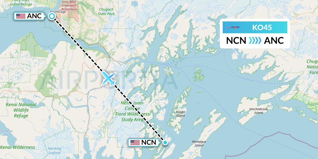 KO45 Komiaviatrans Flight Map: Chenega to Anchorage