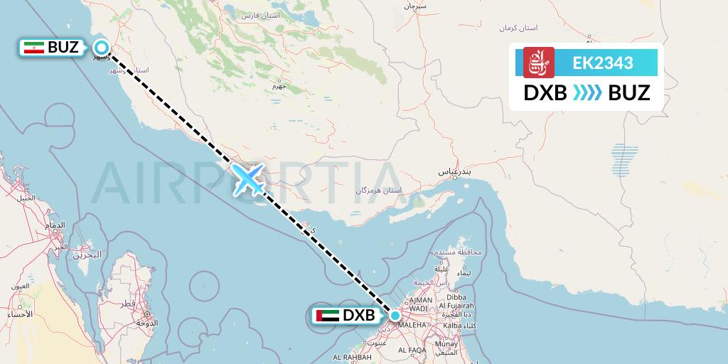 EK2343 Emirates Flight Map: Dubai to Bushehr
