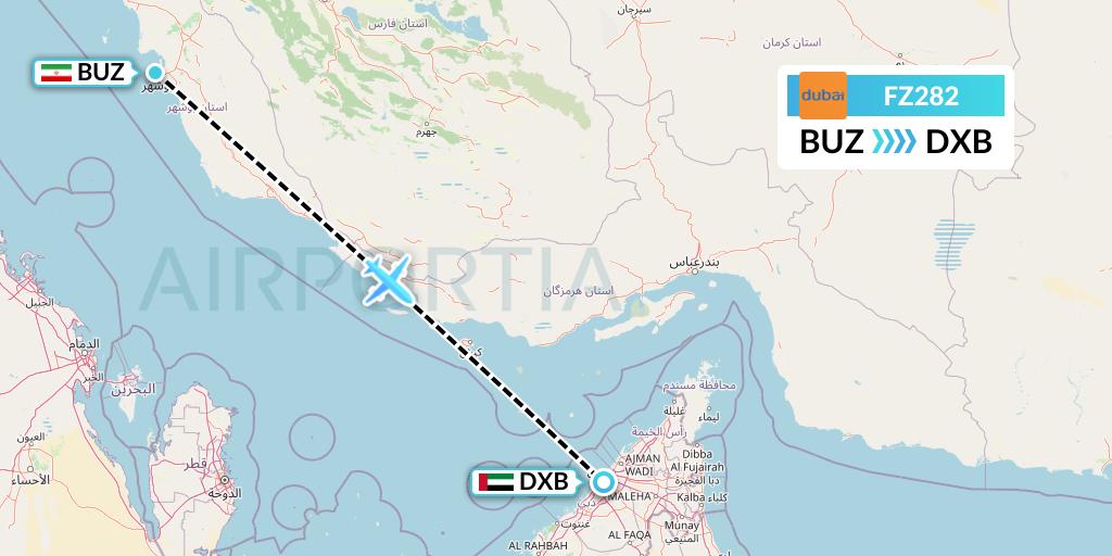FZ282 FlyDubai Flight Map: Bushehr to Dubai