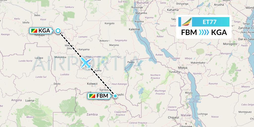 ET77 Ethiopian Airlines Flight Map: Lubumbashi to Kananga