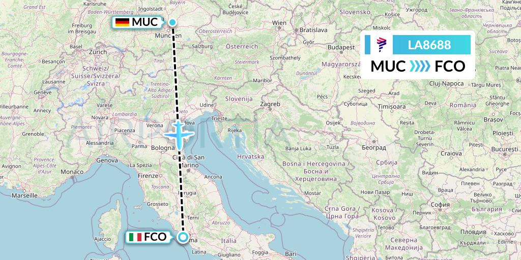 LA8688 LAN Airlines Flight Map: Munich to Rome