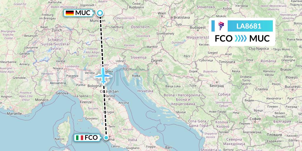 LA8681 LAN Airlines Flight Map: Rome to Munich