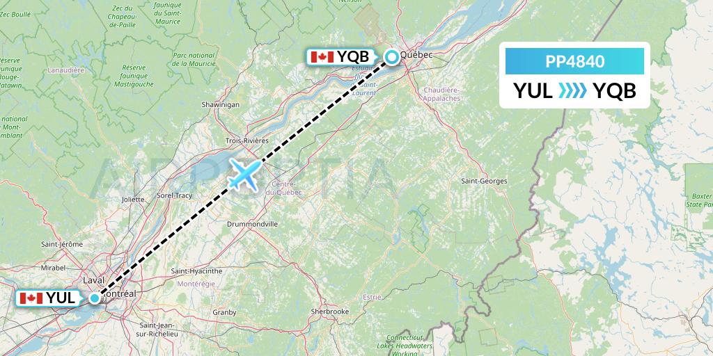 PP4840 Jet Aviation Business Jets Flight Map: Montreal to Quebec