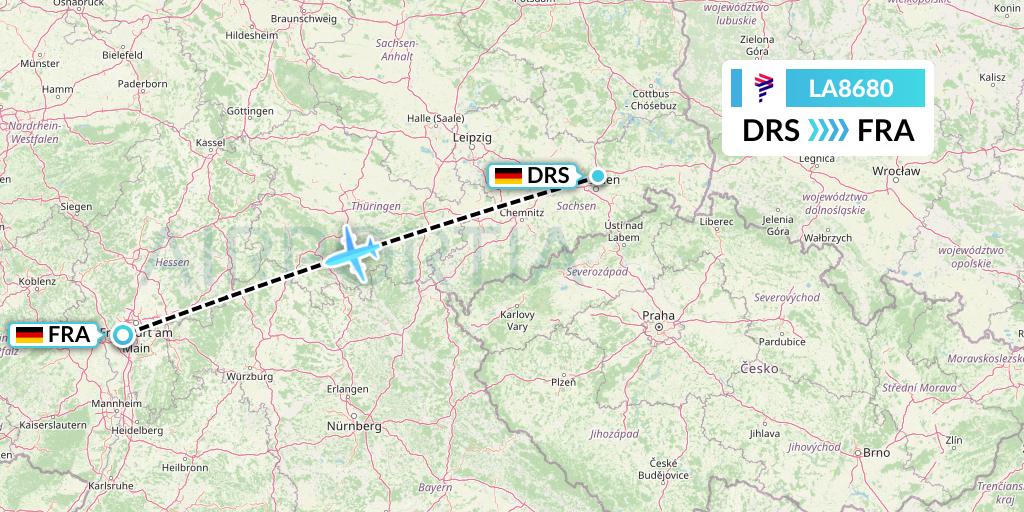LA8680 LAN Airlines Flight Map: Dresden to Frankfurt