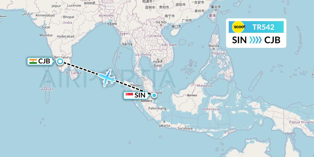 TR542 Tigerair Flight Map: Singapore to Coimbatore