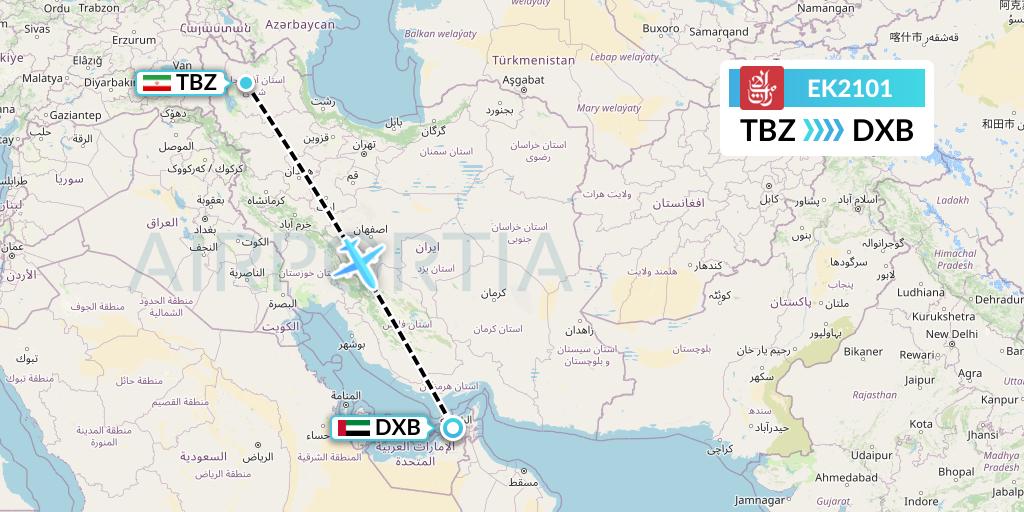 EK2101 Emirates Flight Map: Tabriz to Dubai