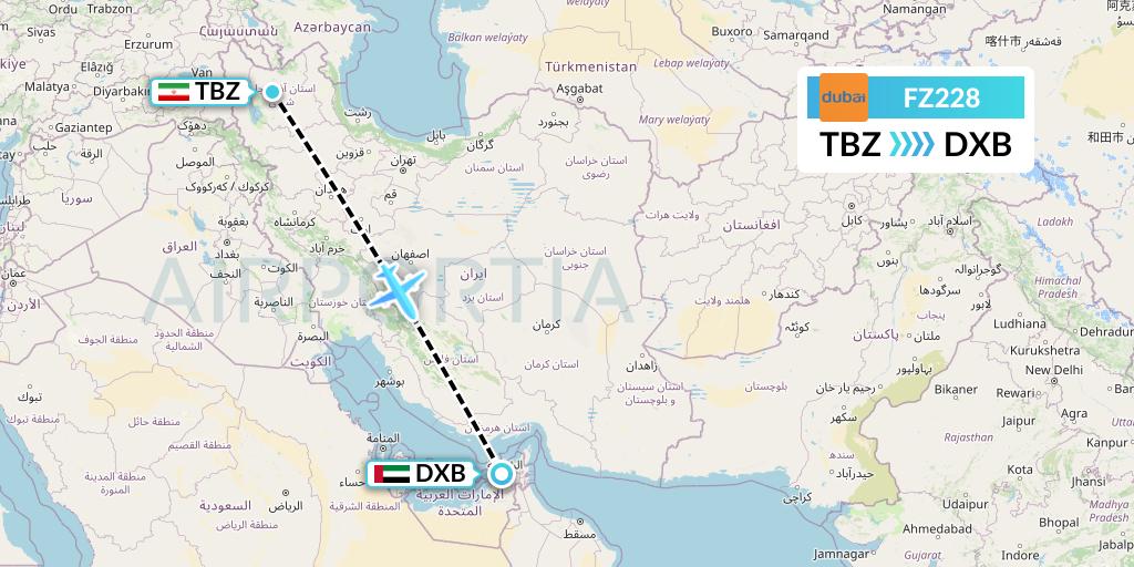 FZ228 FlyDubai Flight Map: Tabriz to Dubai