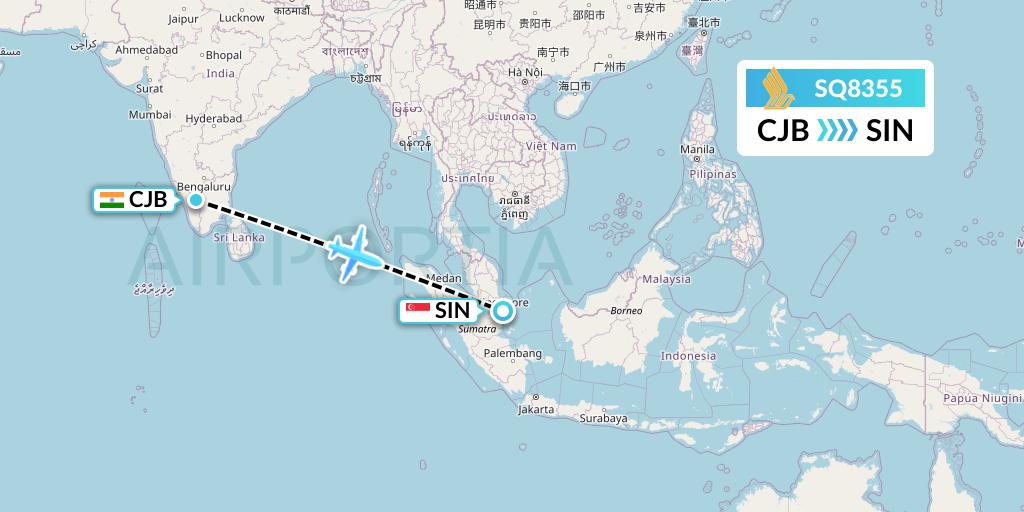 SQ8355 Singapore Airlines Flight Map: Coimbatore to Singapore
