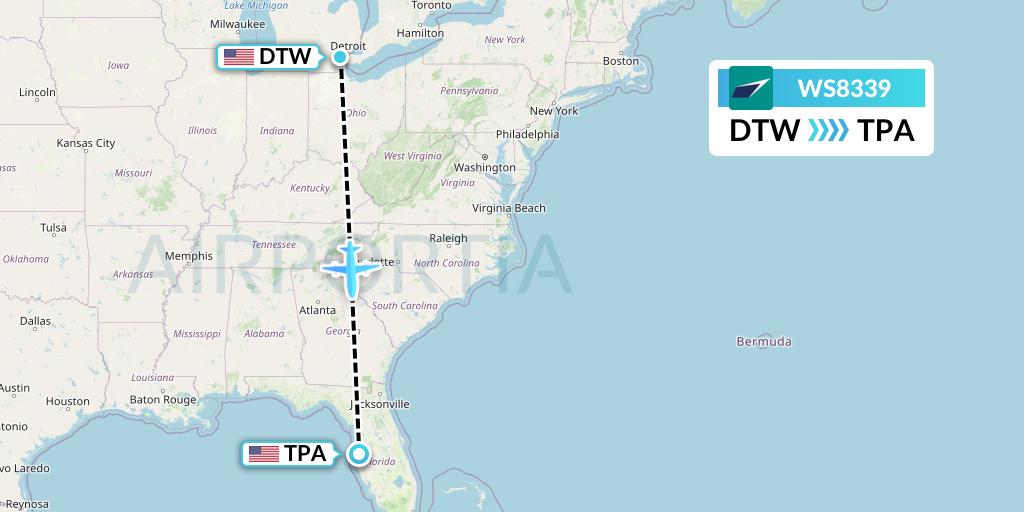 WS8339 WestJet Flight Map: Detroit to Tampa