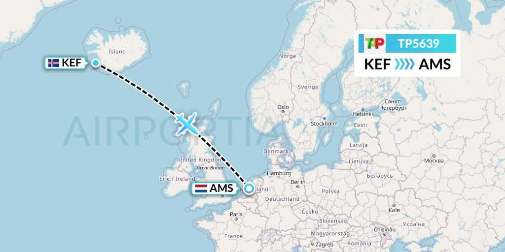 TP5639 TAP Portugal Flight Map: Reykjavik to Amsterdam
