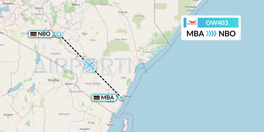 OW403 Skyward Express Flight Map: Mombasa to Nairobi