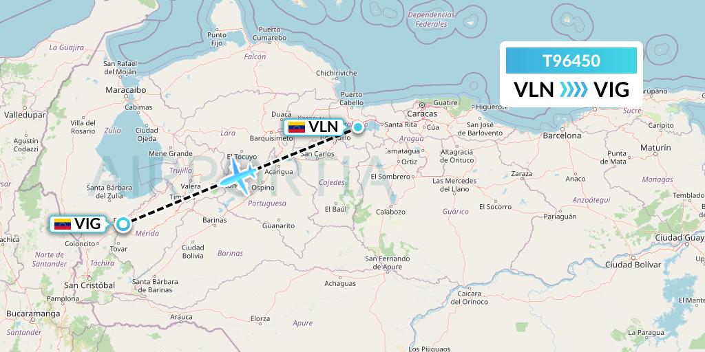 T96450 Turpial Airlines Flight Map: Valencia to El Vigia