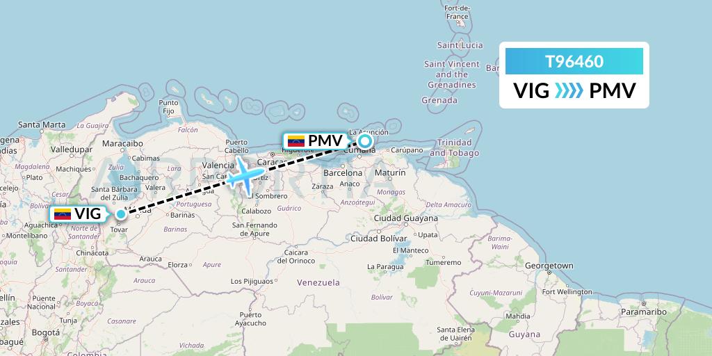 T96460 Turpial Airlines Flight Map: El Vigia to Porlamar