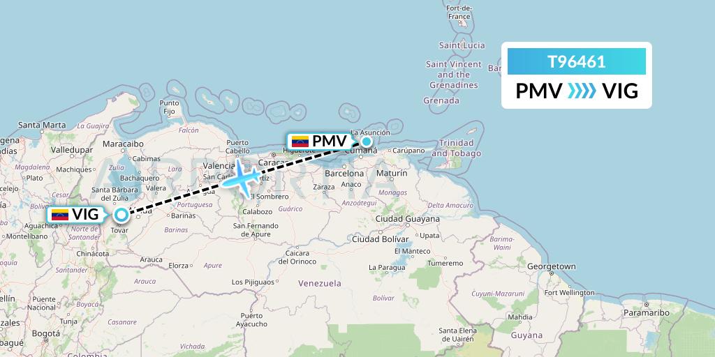 T96461 Turpial Airlines Flight Map: Porlamar to El Vigia