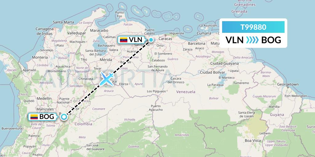 T99880 Turpial Airlines Flight Map: Valencia to Bogota